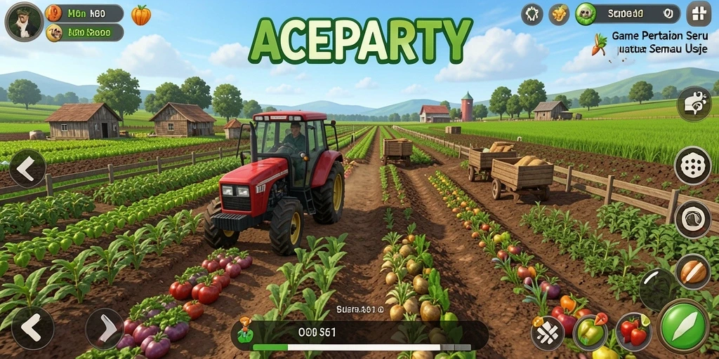 Tangkapan layar gameplay ACEPARTY menunjukkan aktivitas seru di ladang pertanian.