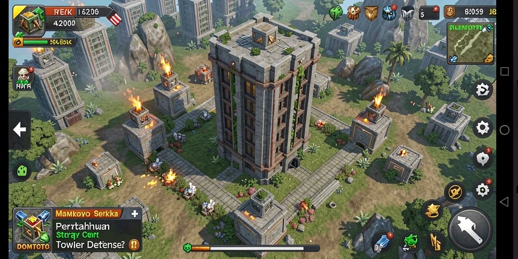 Screenshot menampilkan aksi seru dalam game Tower Defense.