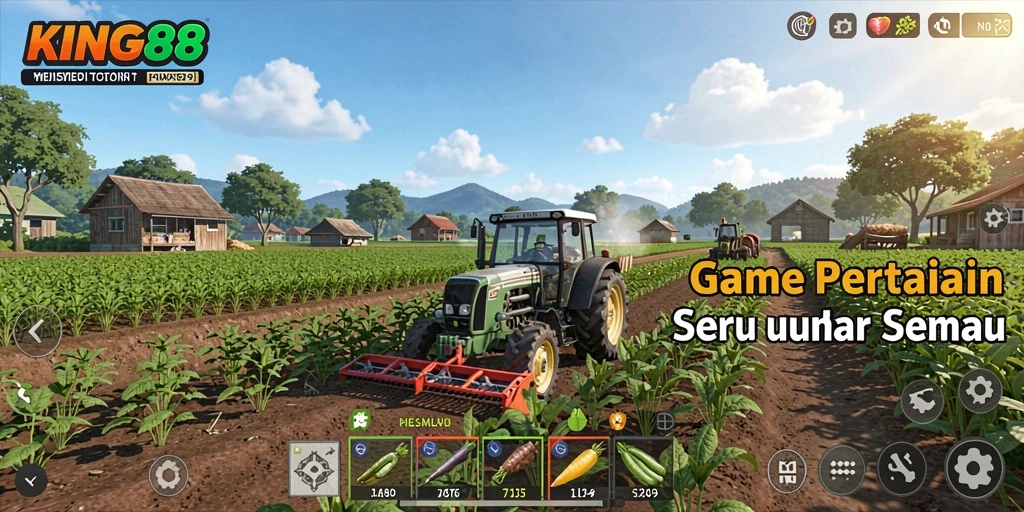 Tampilan gameplay KING88 menampilkan aktivitas seru di pertanian.