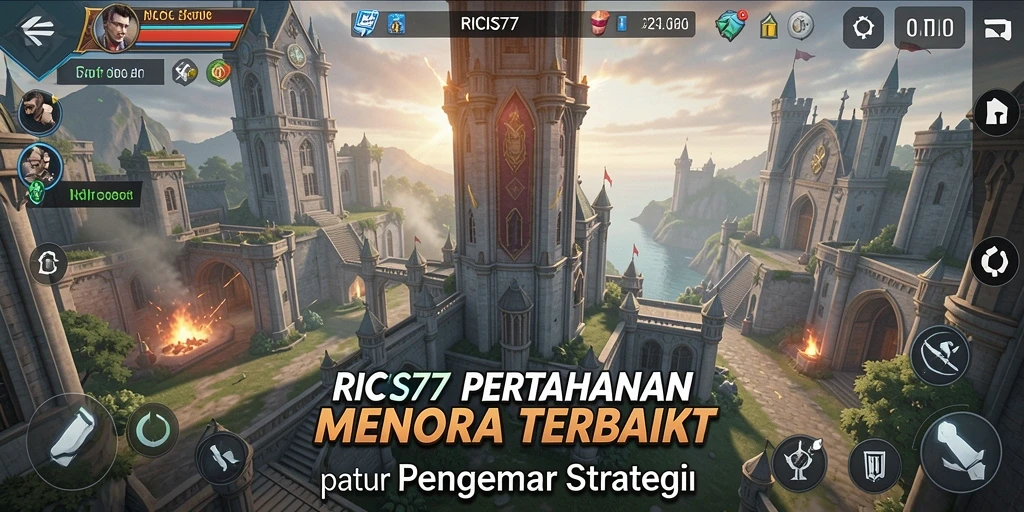 Tangkapan layar gameplay <strong>RICIS77</strong> menunjukkan aksi menara bertahan melawan serangan musuh.