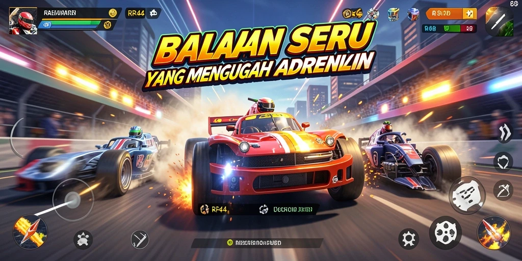 Screenshot gameplay RR44 menampilkan aksi balapan yang mendebarkan.